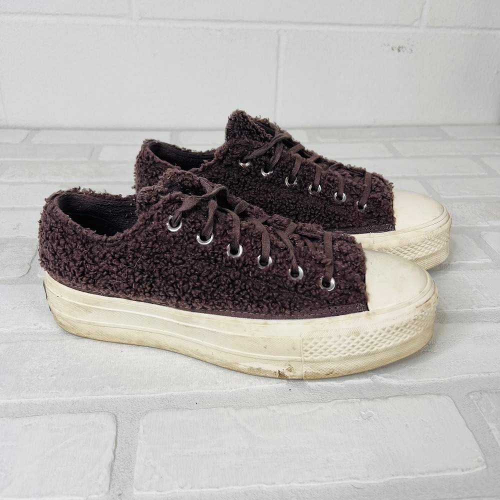 Converse All Star Platform Sherpa Fleece Low Top Sneakers Brown Womens 8